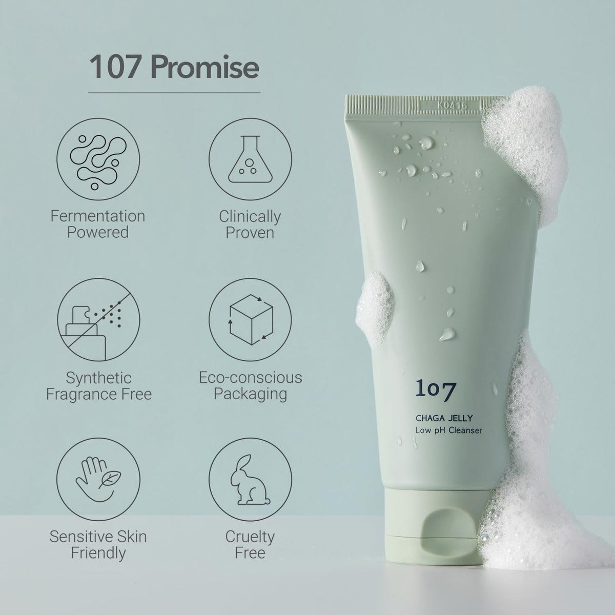107 product staged in bathroom routine showing calming, sensitive-skin suitability