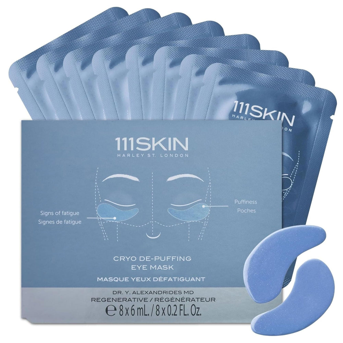 111SKIN front packaging view showing calming blue patches and product name for quick recognition