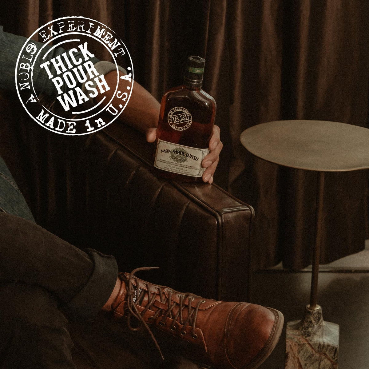 18.21 Man Made bottle by a fireside setting suggesting rugged, warm aroma