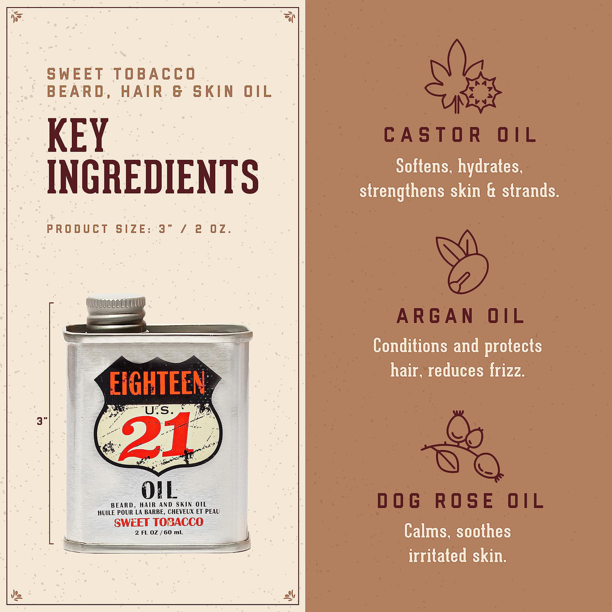 18.21 Man Made ingredient display with argan and jojoba, highlights natural blend benefits