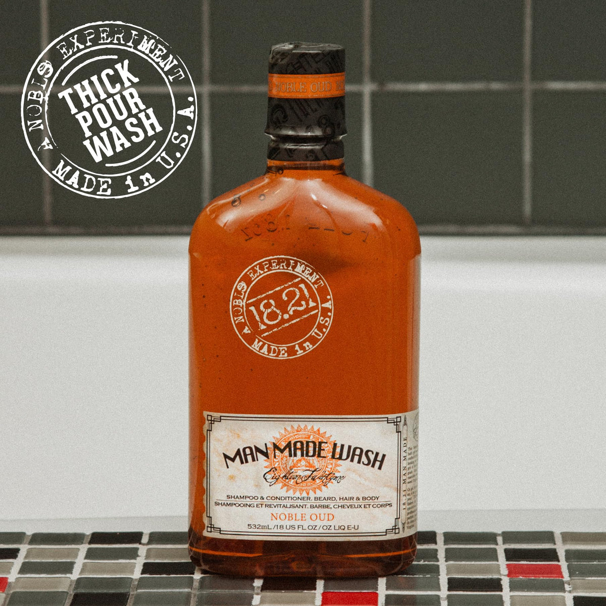 18.21 Man Made bottle styled on bathroom shelf suggesting premium routine benefit