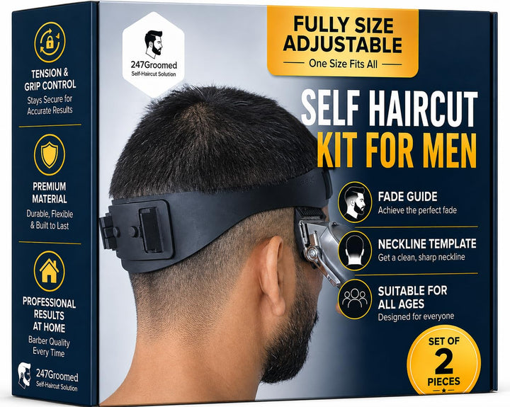 247 Groomed front packaging showing the two-piece grooming kit and clear benefits