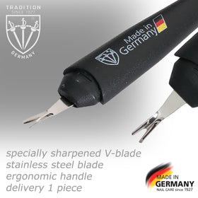 3 Swords Germany cuticle knife stored in hard case, protecting blade on the go