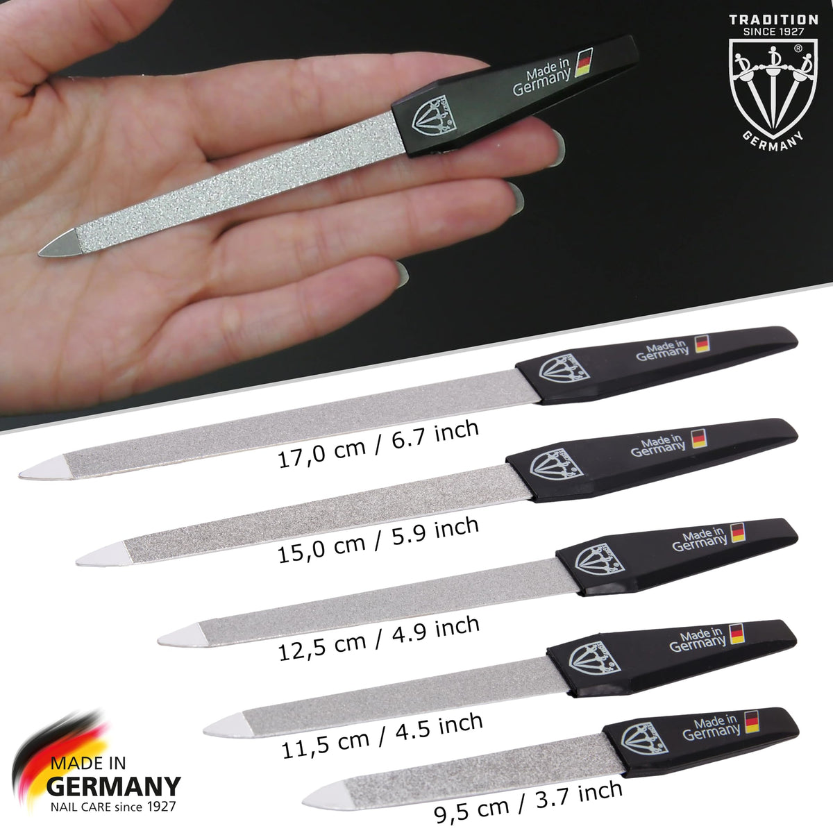 3 Swords Germany nail file in use shaping a fingernail, ergonomic grip improves control