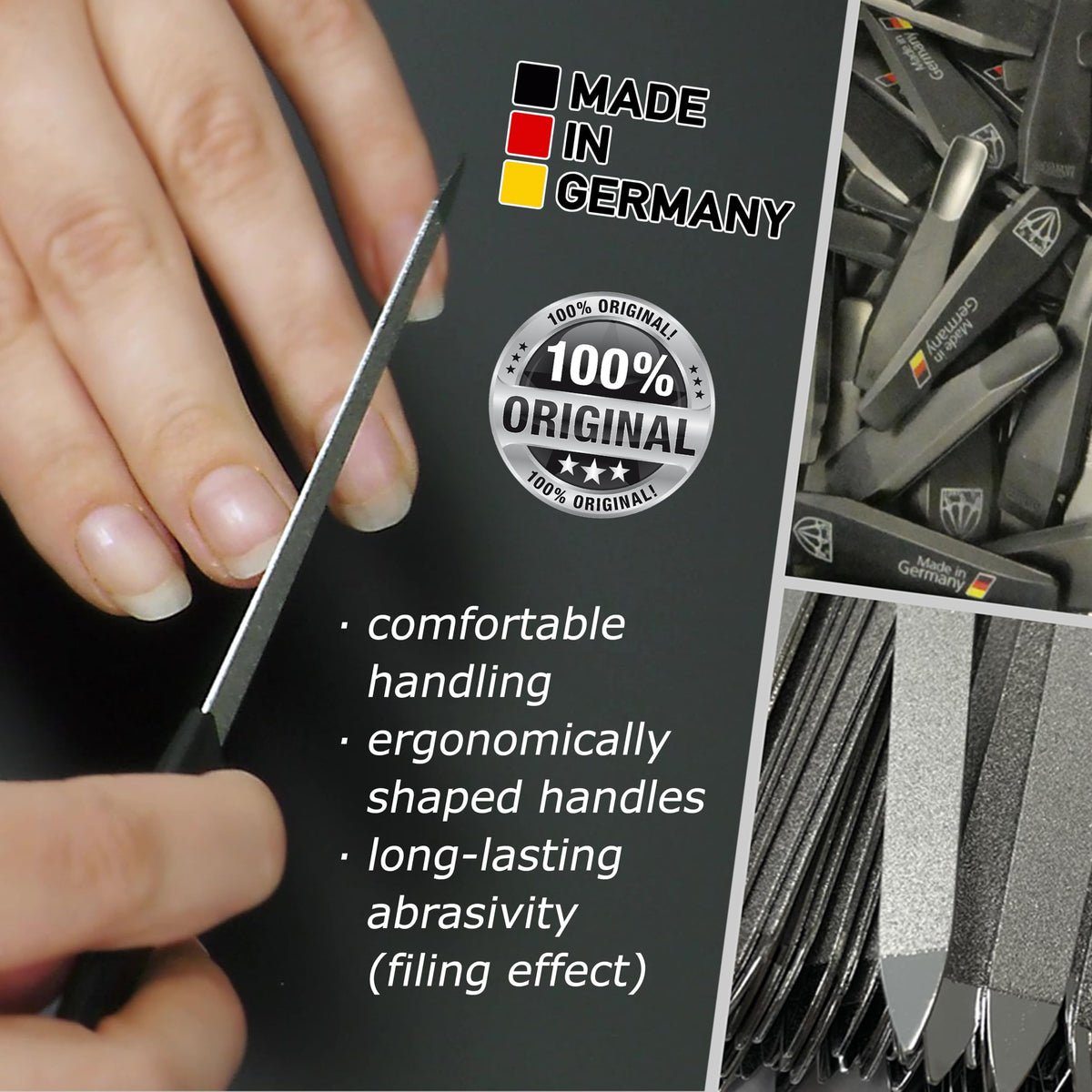 3 Swords file in use shaping a fingernail, controlled shaping and neat edges benefit