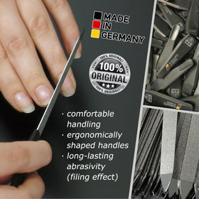 3 Swords file in use shaping a fingernail, controlled shaping and neat edges benefit