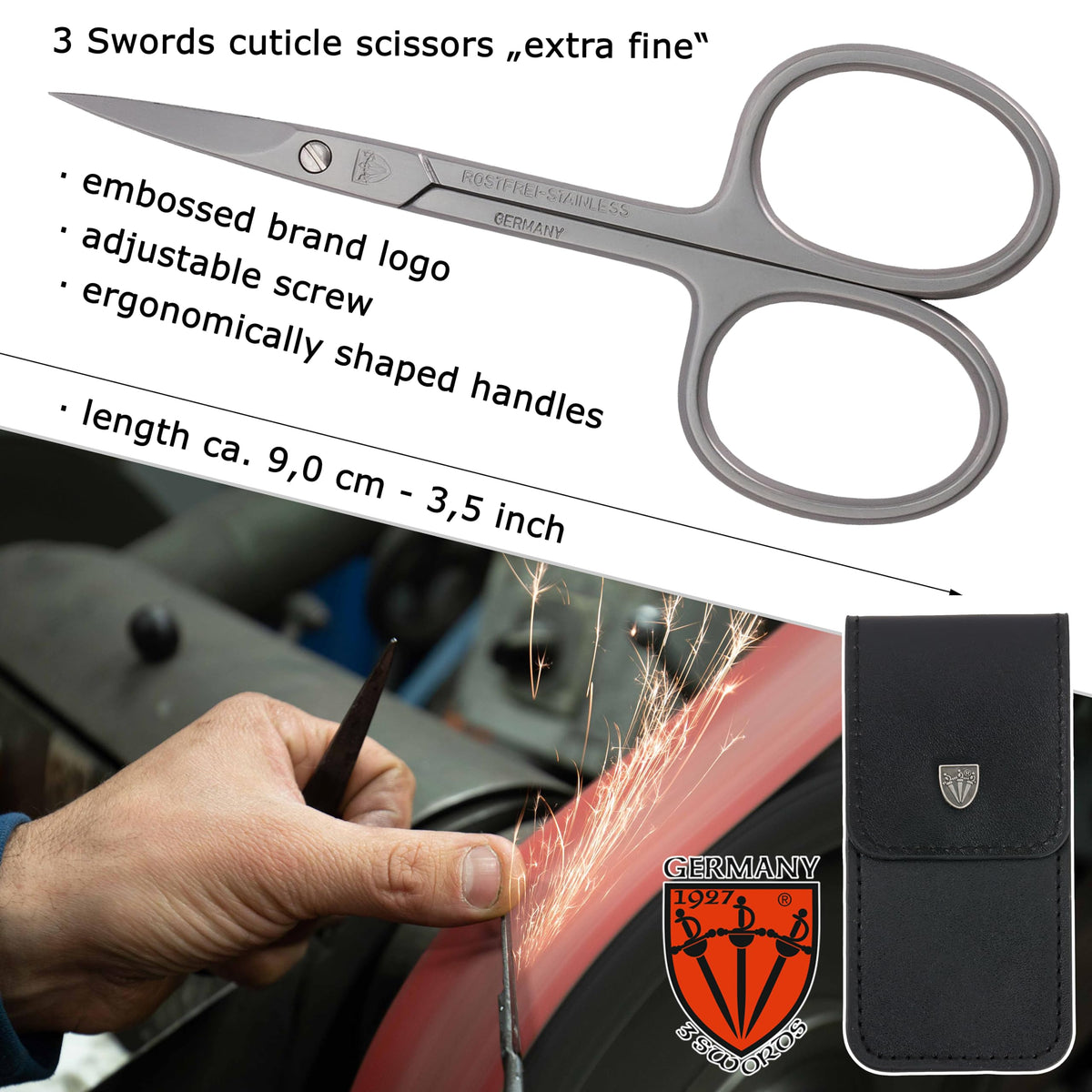 3 Swords Germany scissors next to coin showing compact size and portability benefit