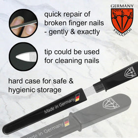 3 Swords Germany file held in hand showing slim pocket size and portability advantage