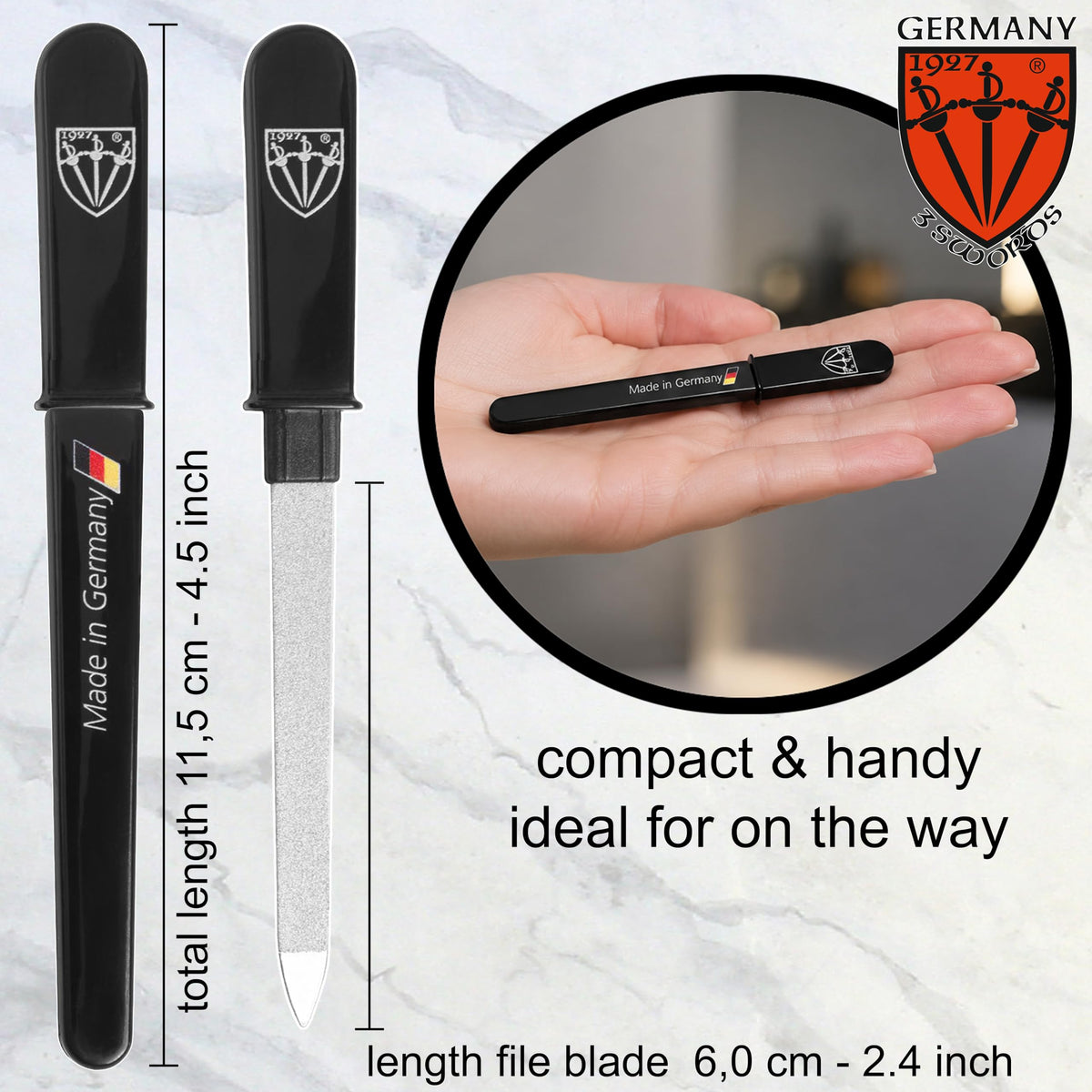 3 Swords Germany file placed inside a purse demonstrating easy travel convenience
