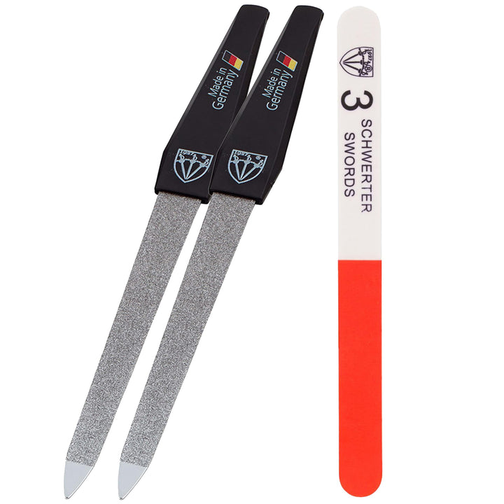 3 Swords Germany front packaging showing two files and buffer, durable grooming kit benefit