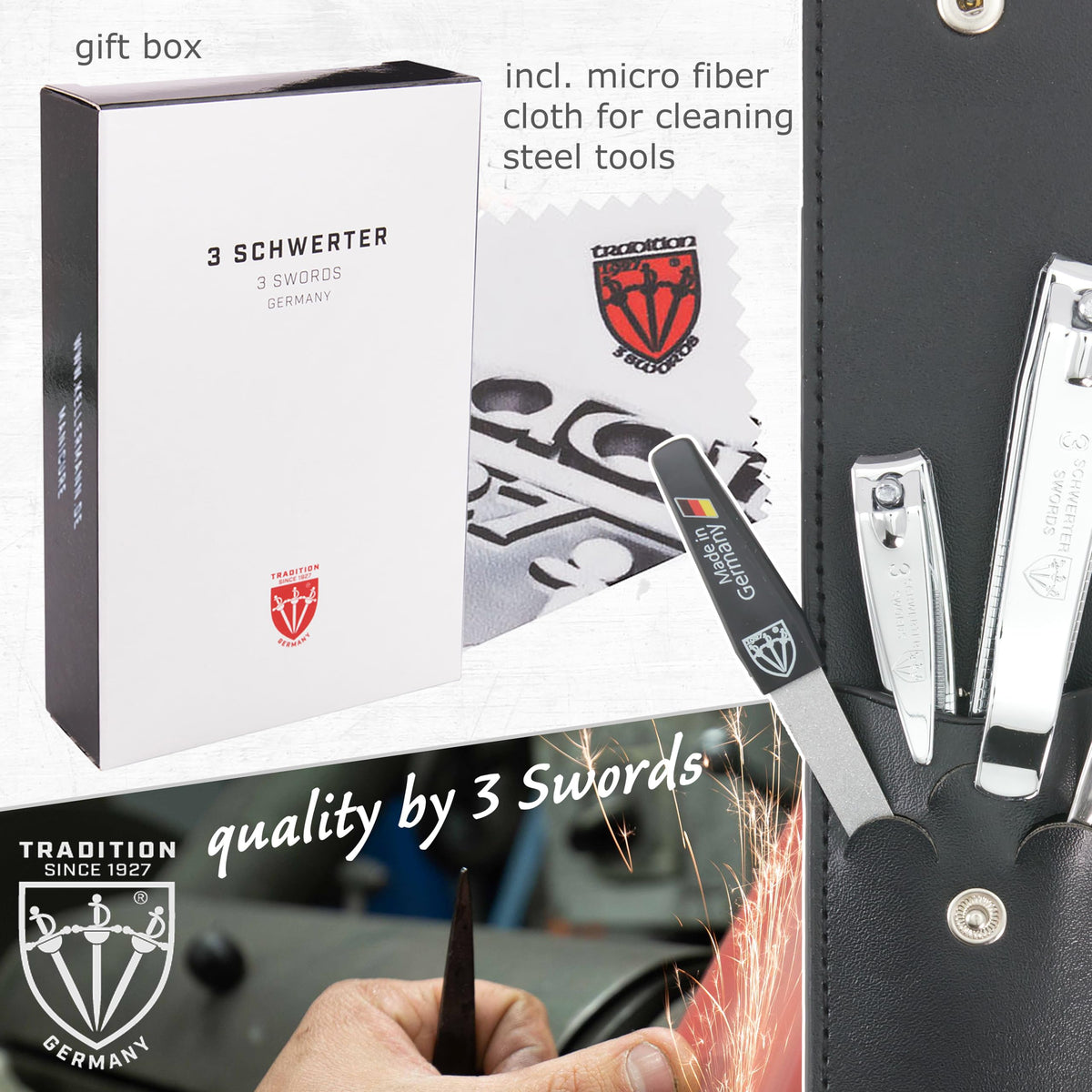 3 Swords grooming kit in travel bag conveying compact convenience on trips