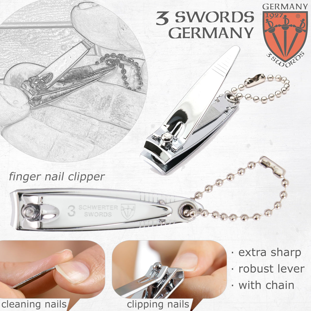 3 Swords tools laid out showing clipper tweezers and file for complete care