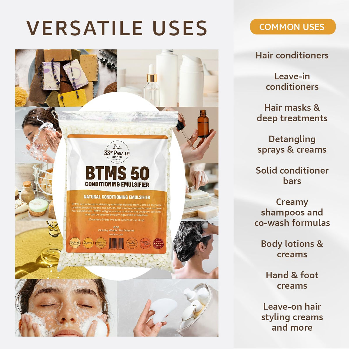 33RD PARALLEL BTMS-50 wax flakes close-up demonstrating creamy texture benefit