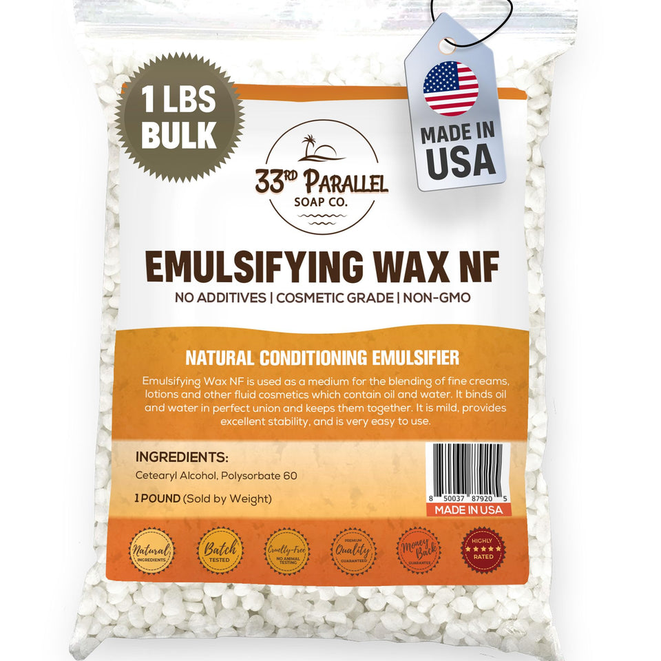 33RD PARALLEL SOAP CO. front packaging of 1 lb emulsifying wax showing resealable pouch and brand