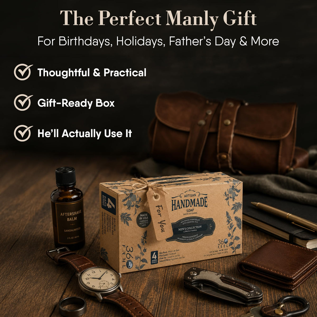 360Feel soaps arranged in bathroom lifestyle shot suggesting everyday grooming routine