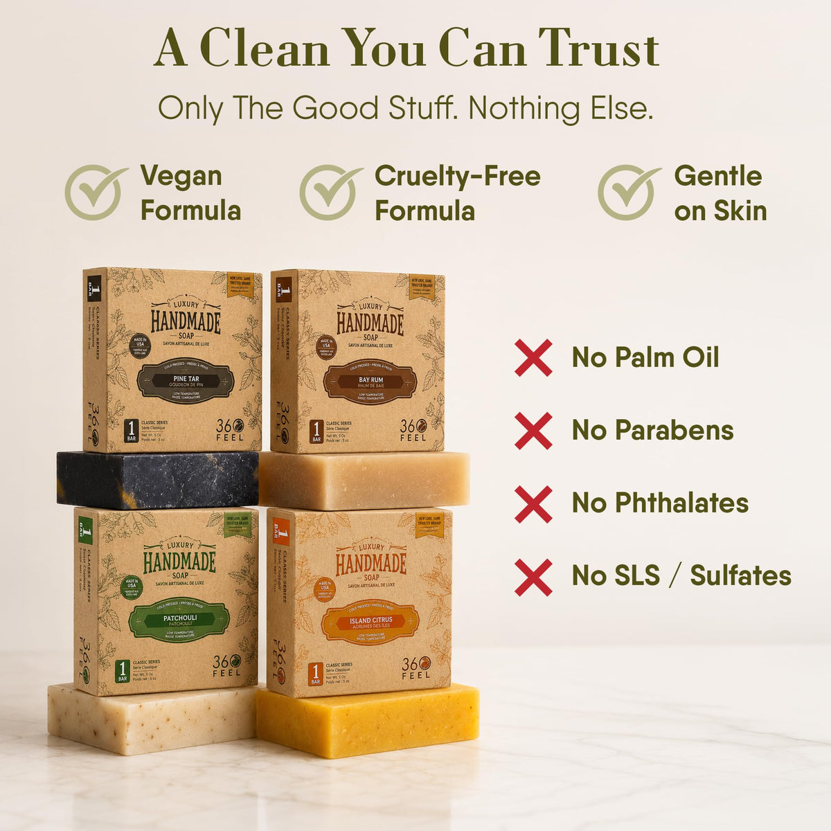 360Feel Patchouli bar angle with label showing earthy fragrance and natural oils