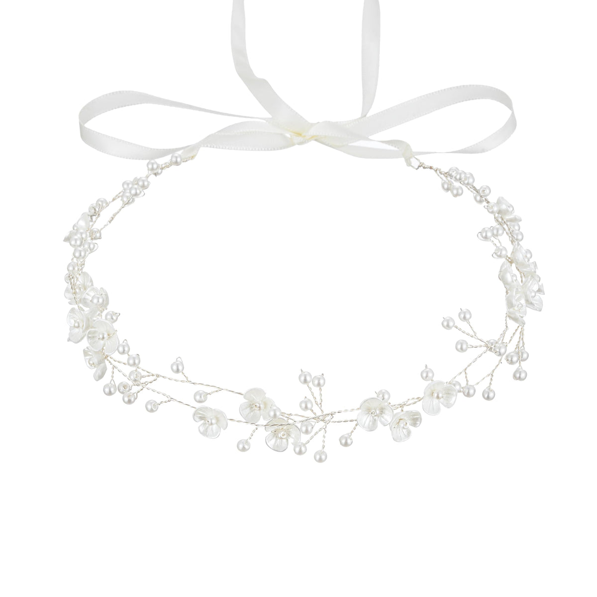 527&huan front view of white flower pearl headband showcasing elegant finish