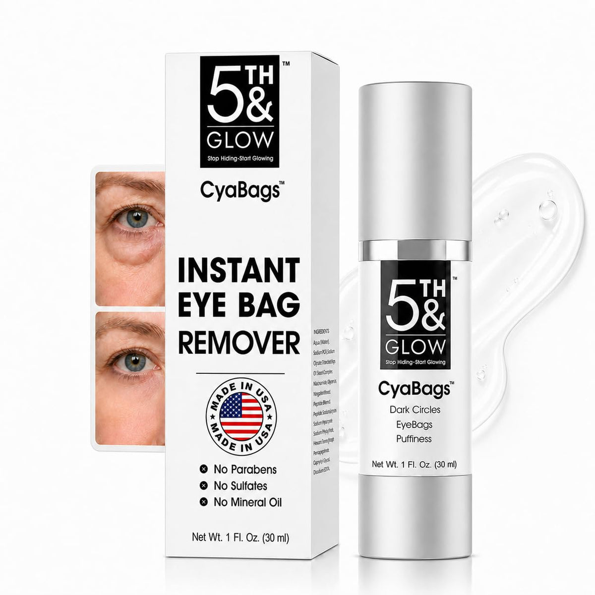 5th & Glow front bottle showing clean packaging and instant firming benefit