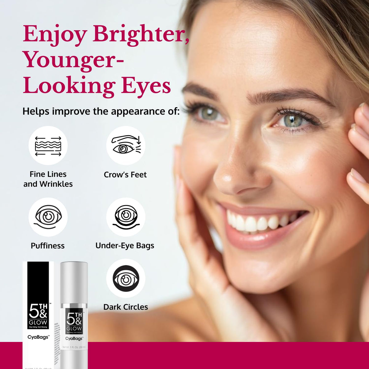 5th & Glow serum dropper dispensing product highlighting precise application benefit