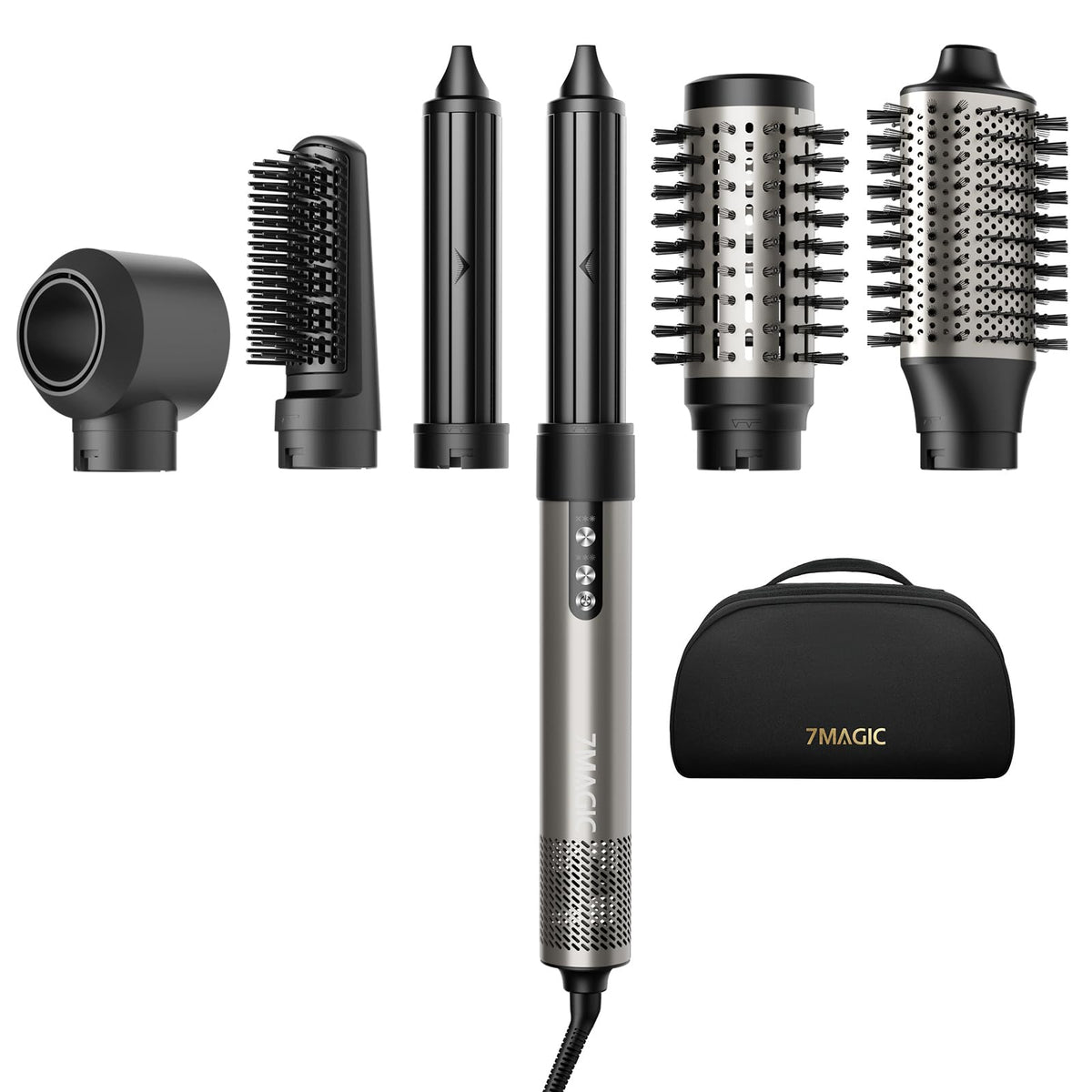 7MAGIC front view of silver multi hair styler showing sleek body and portability benefits