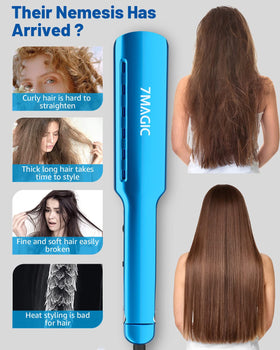 7MAGIC in-hand size comparison illustrating the 1.7 inch plate width for thick hair coverage
