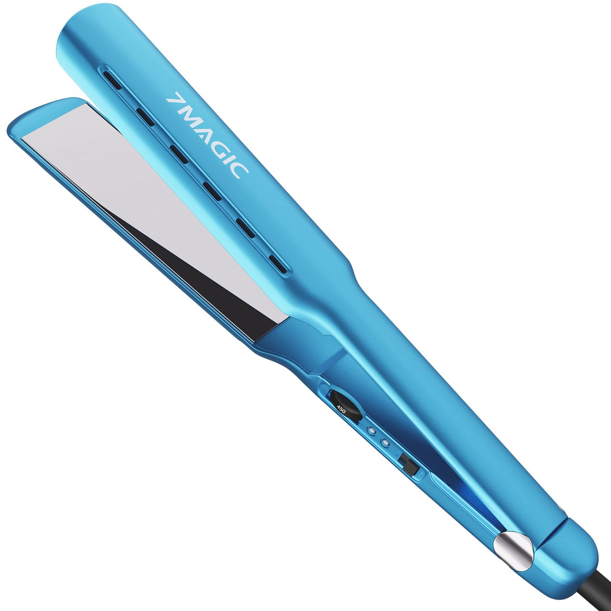 7MAGIC wide flat iron front view showing sleek blue finish and wide plates for faster styling