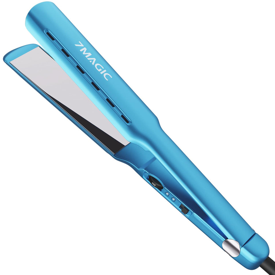 7MAGIC wide flat iron front view showing sleek blue finish and wide plates for faster styling
