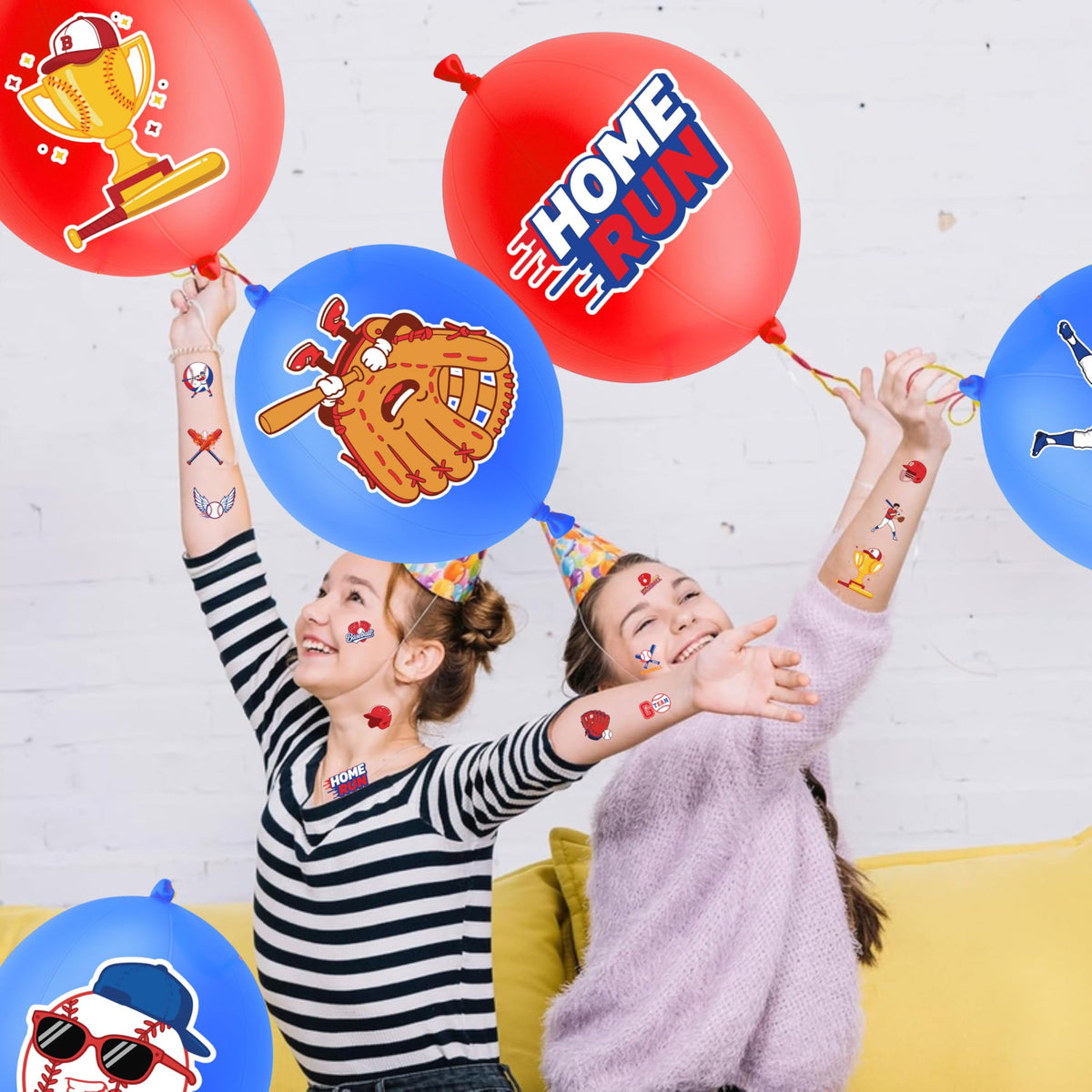 91BALLOONS close-up of printed baseball icons on balloon highlighting durable latex and bold graphics