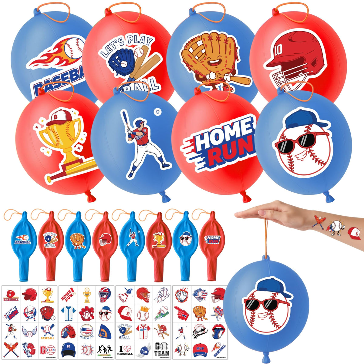 91BALLOONS front packaging showing 24 baseball punch balloons and 48 tattoos for fast party setup