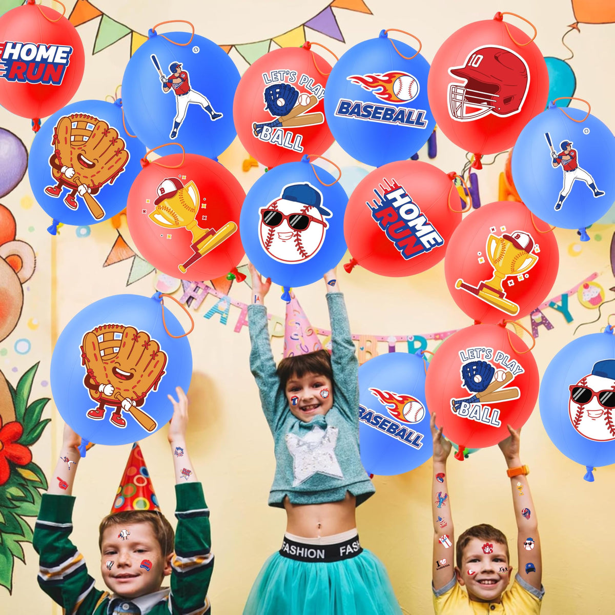 91BALLOONS layout of 48 pre-cut temporary tattoos showing easy-peel designs for quick application