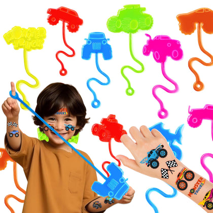 91STICKYHAND front packaging showing 48-piece monster truck party favors and bright colors