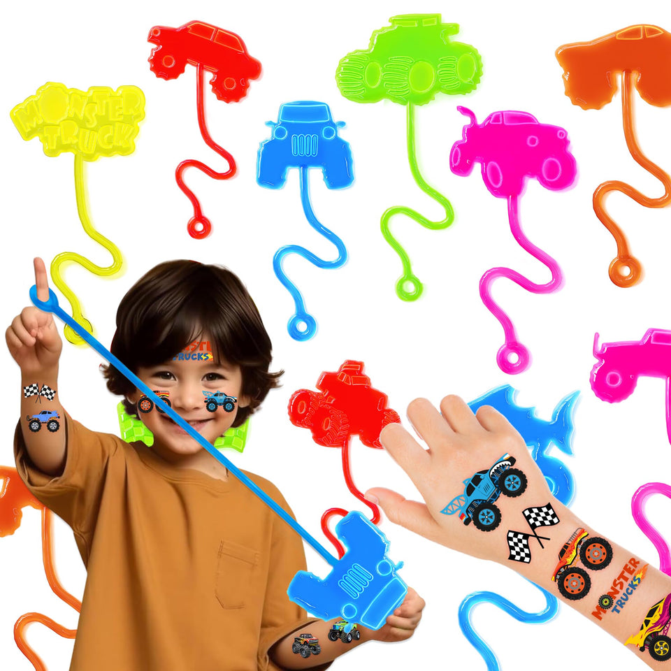 91STICKYHAND front packaging showing 48-piece monster truck party favors and bright colors