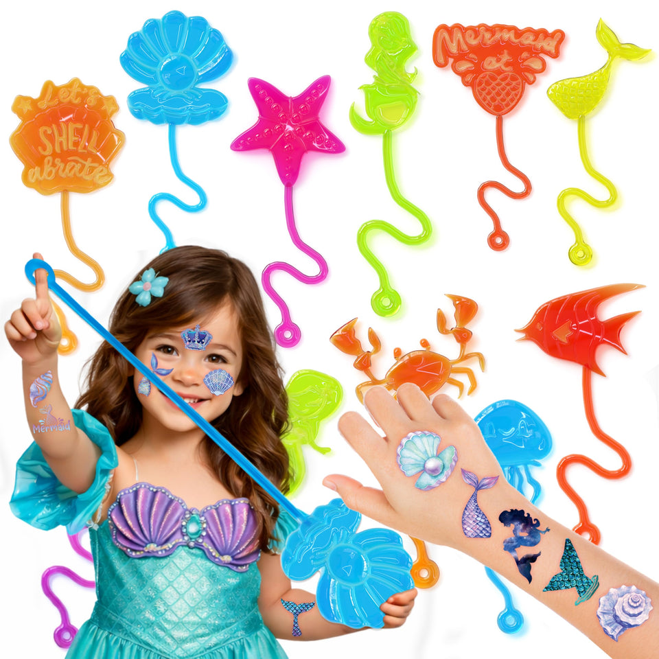 91STICKYHAND front view of mermaid party favor pack showing contents and value