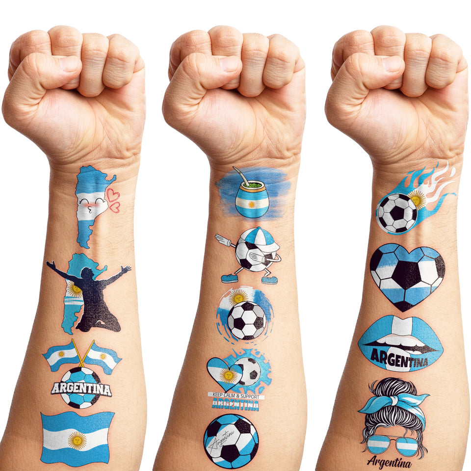 91TATTOOS front packaging showing 96-piece Argentina soccer temporary tattoo set for parties