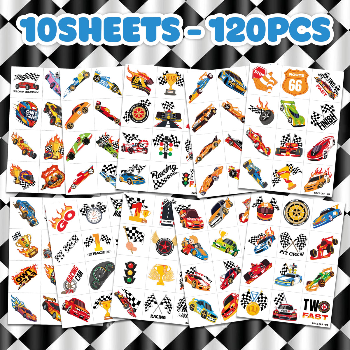 91TATTOOS close-up of colorful race car designs, clear detail for kid enjoyment
