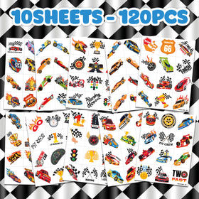 91TATTOOS close-up of colorful race car designs, clear detail for kid enjoyment