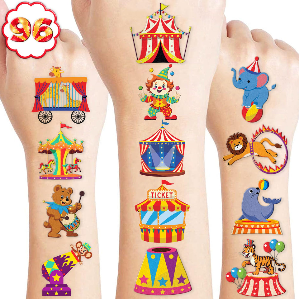 91TATTOOS front packaging showing 120 circus-themed temporary tattoos and value