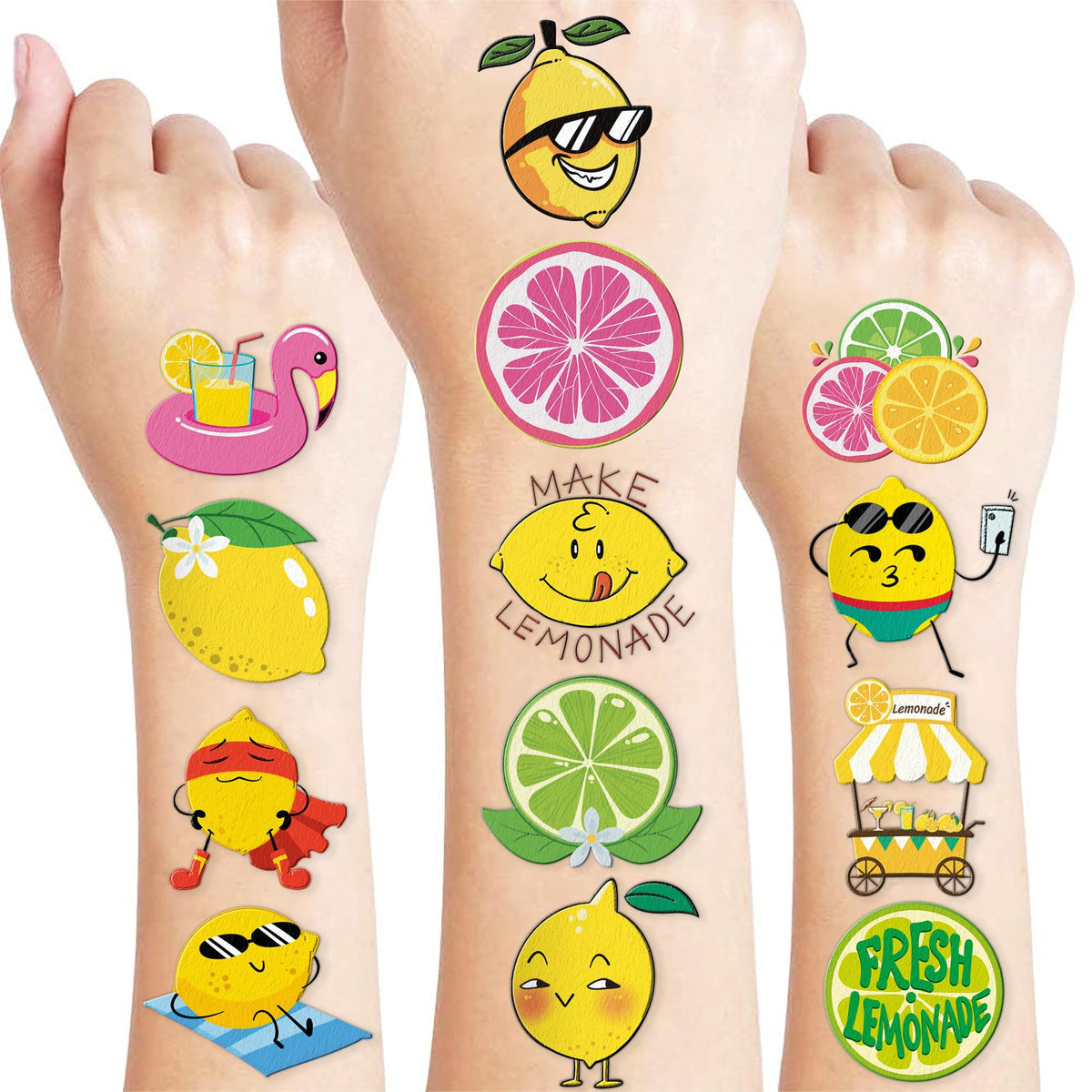 91TATTOOS front packaging showing lemon-themed temporary tattoos and party-ready benefit
