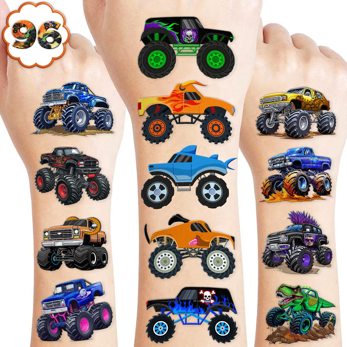 91TATTOOS front pack showing 120 monster truck tattoos for parties