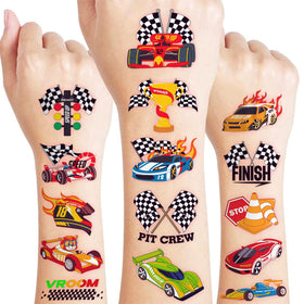 91TATTOOS front packaging showing 120 racing car tattoos, vibrant variety for parties