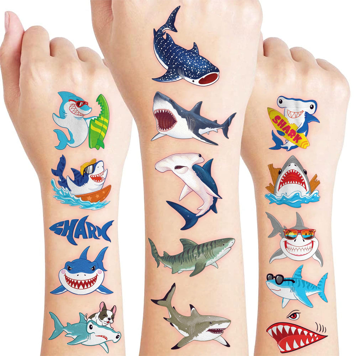 91TATTOOS front packaging showing 96-piece shark set, ideal party favor