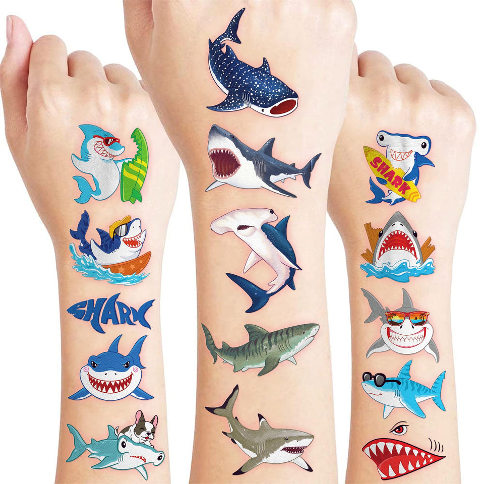 91TATTOOS front packaging showing 96-piece shark set, ideal party favor