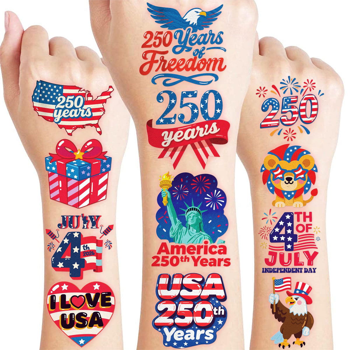 91TATTOOS front packaging showing 120 pre-cut patriotic tattoos and benefit of bulk sharing