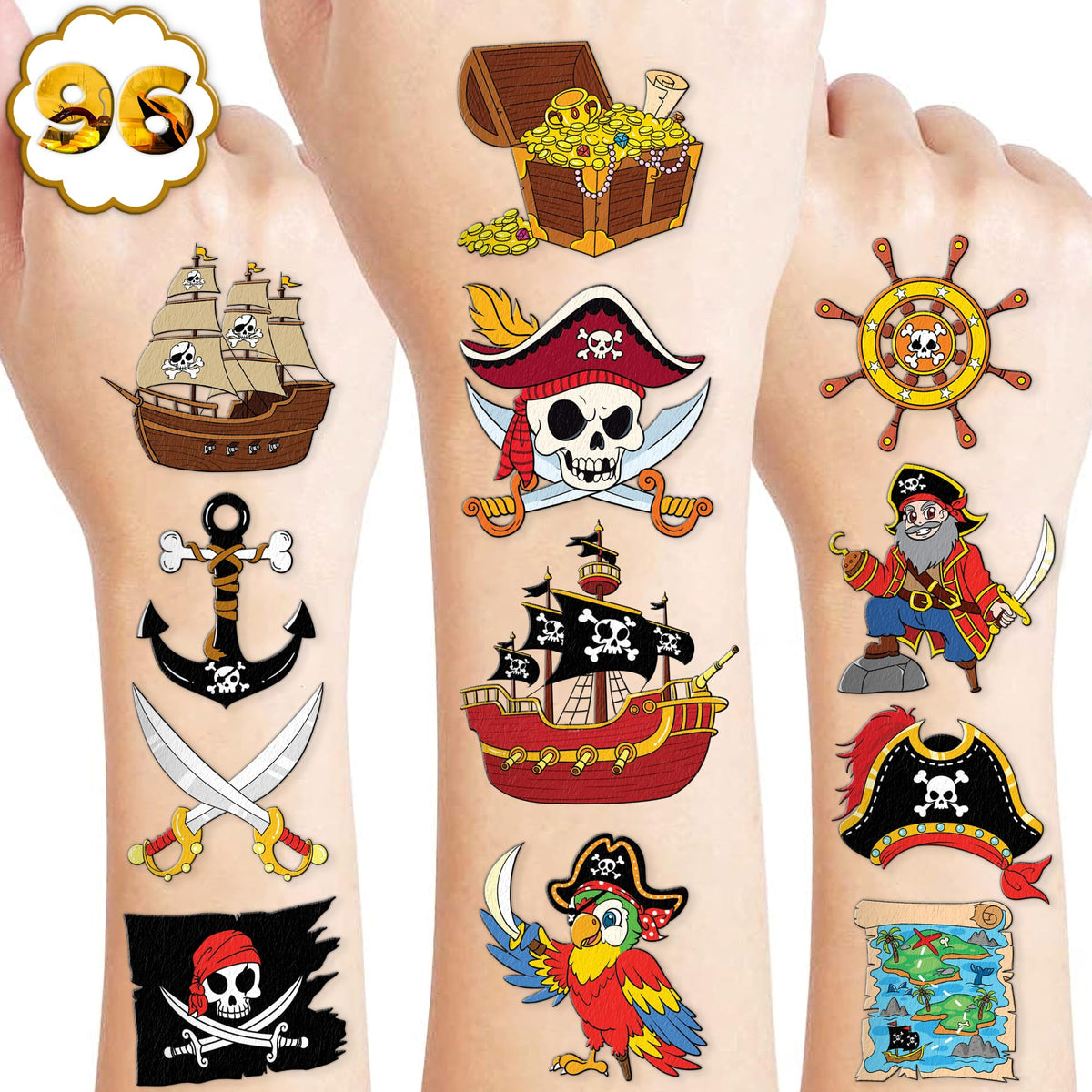 91TATTOOS front sheet display showing many pirate motifs and easy selection benefit