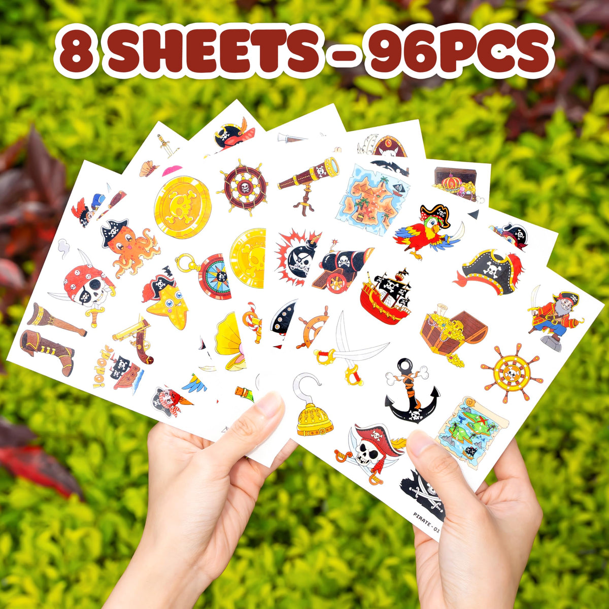 91TATTOOS packaging and unfolded sheets arranged to show total 8-sheet set benefit