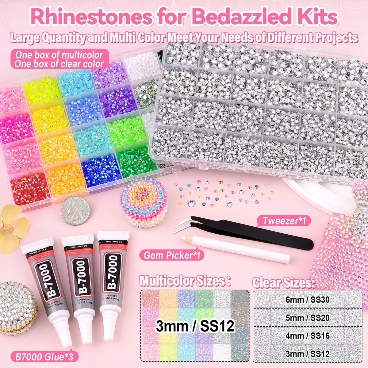 GA&EN close-up of compartment grid displaying sorted multicolor and clear rhinestones