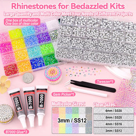 GA&EN close-up of compartment grid displaying sorted multicolor and clear rhinestones