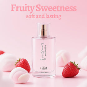 A CENTER flatlay of marshmallow, cacao, and vanilla ingredients indicating scent profile