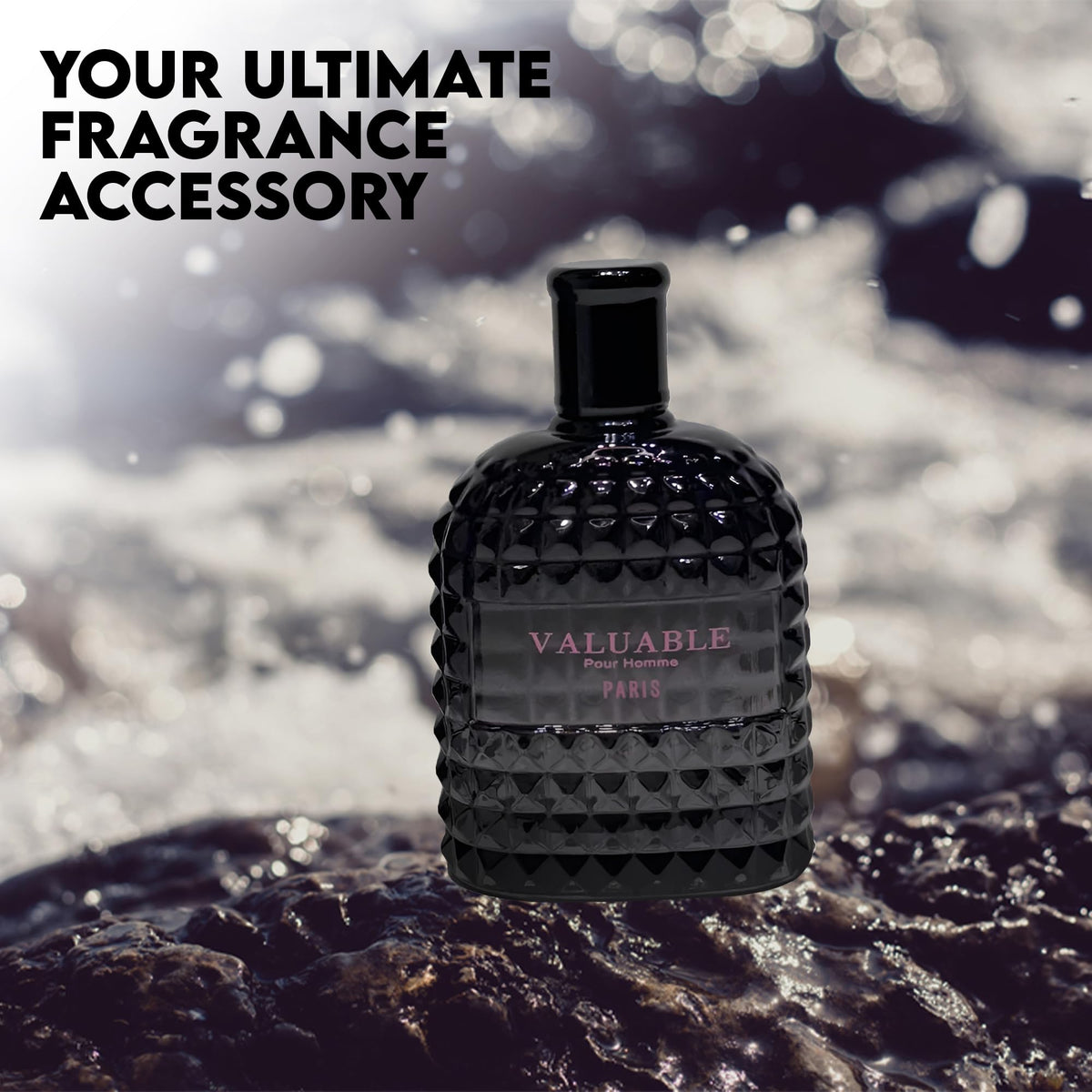 A CENTER leather-note textured closeup illustrating rugged, long-lasting scent