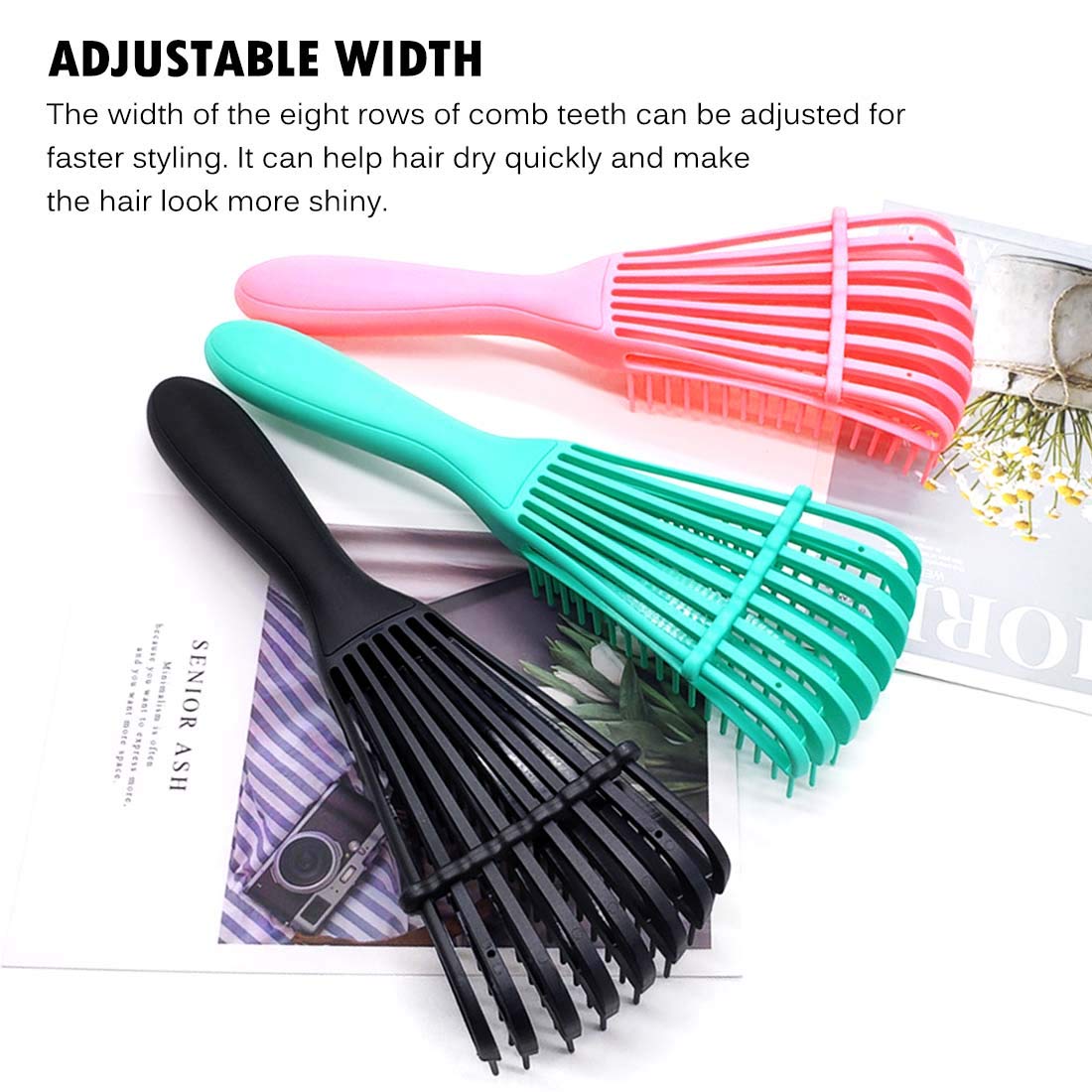 A.DASHER brush used on wet curly hair smoothing strands and reducing tugging